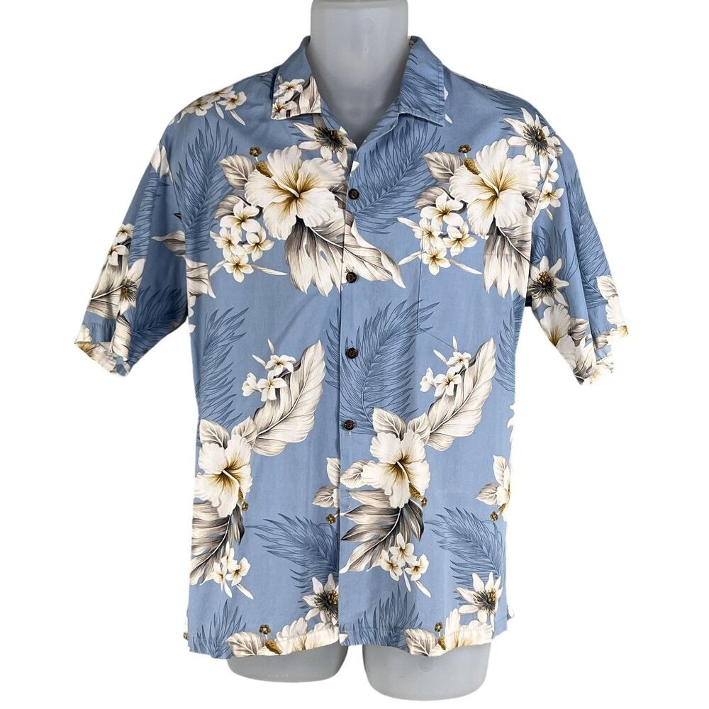 Vintage Pacific Legend Hawaiian Shirt Mens L Blue Floral Hibiscus Print Usa Made